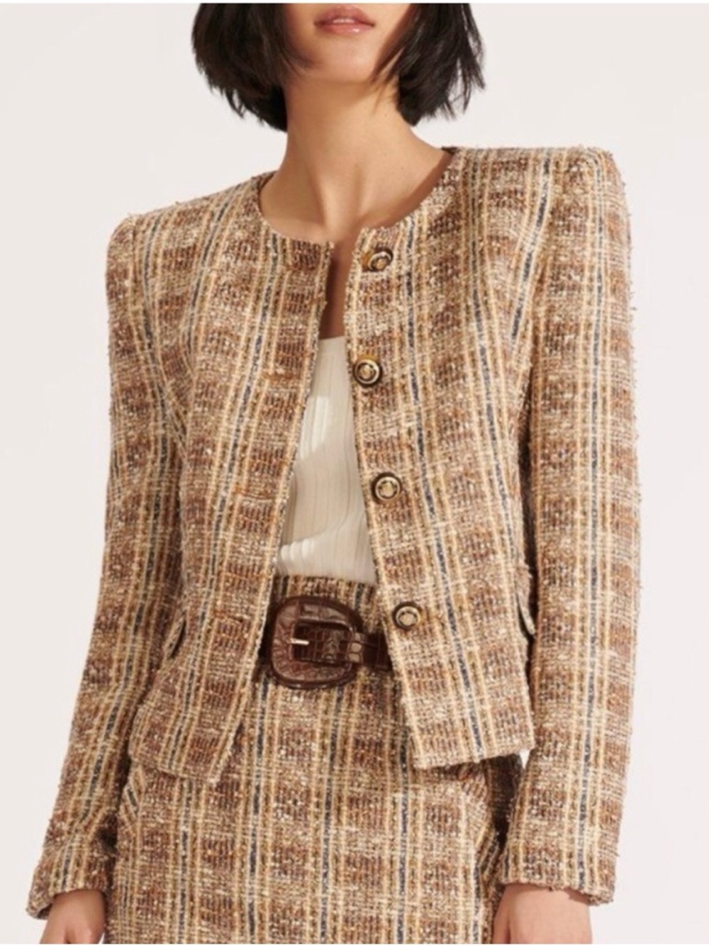 Veronica Beard Louisa Tweed Dickey Jacket with Tortoise and Gold Buttons, S-M